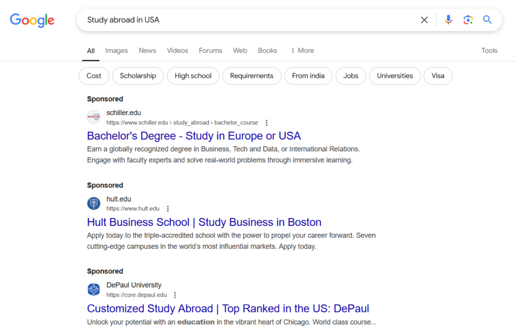 Baidu vs Google: Basic search ads on Google