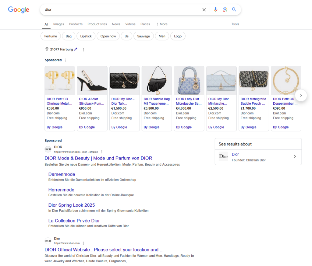 Baidu vs Google: Example Dior on Google